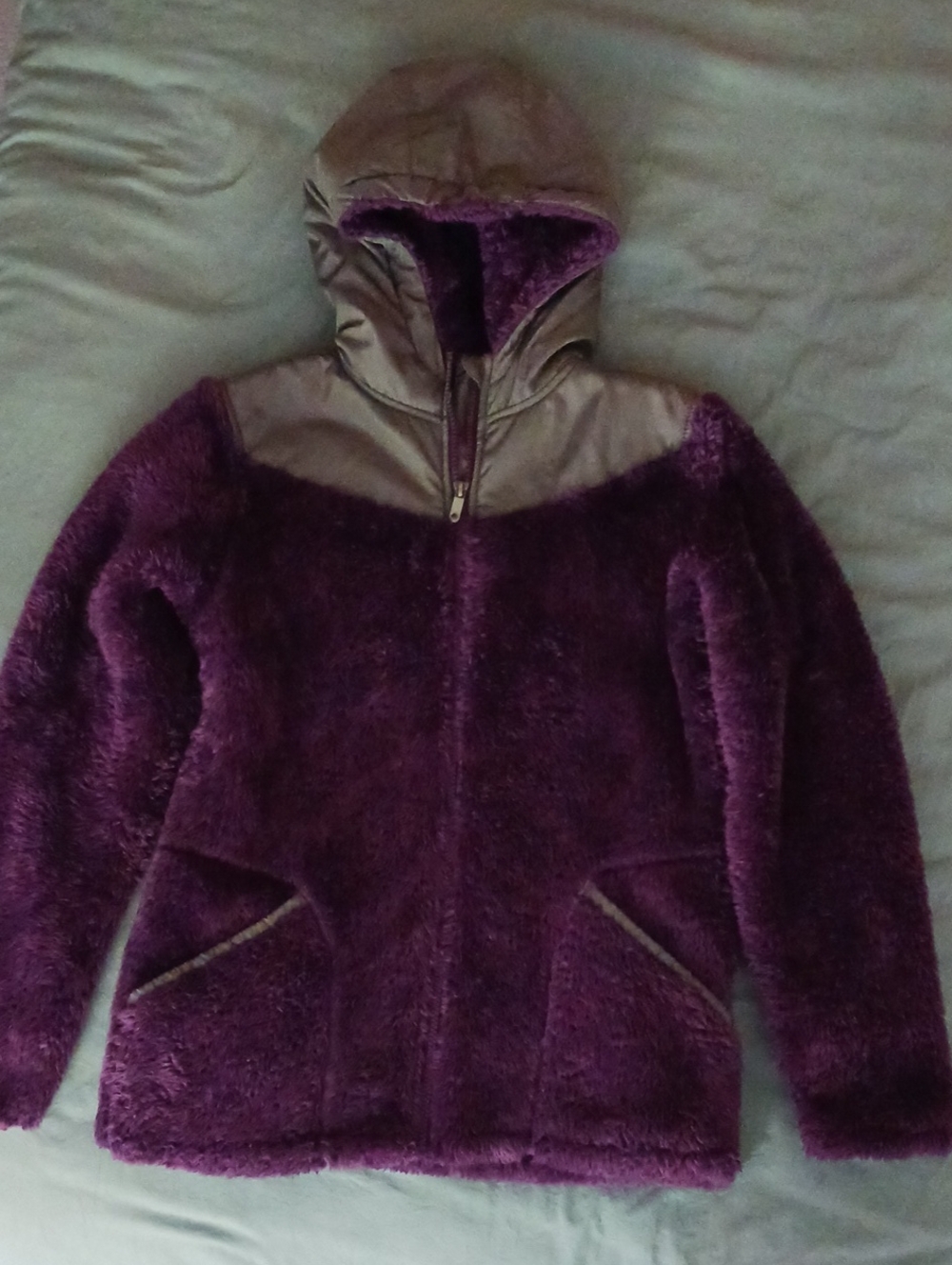 Lands' End Kids Plush Hooded Teddy Jacket in Purple with Grey Trim